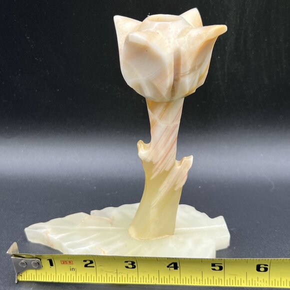 Vintage Handcrafted Onyx Tulip Candle Holder Leaf Base Rare Butter Yellow Decor - Picture 9 of 12
